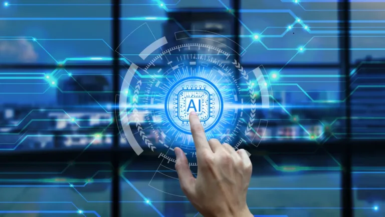 blue background human hand is touching bright AI text