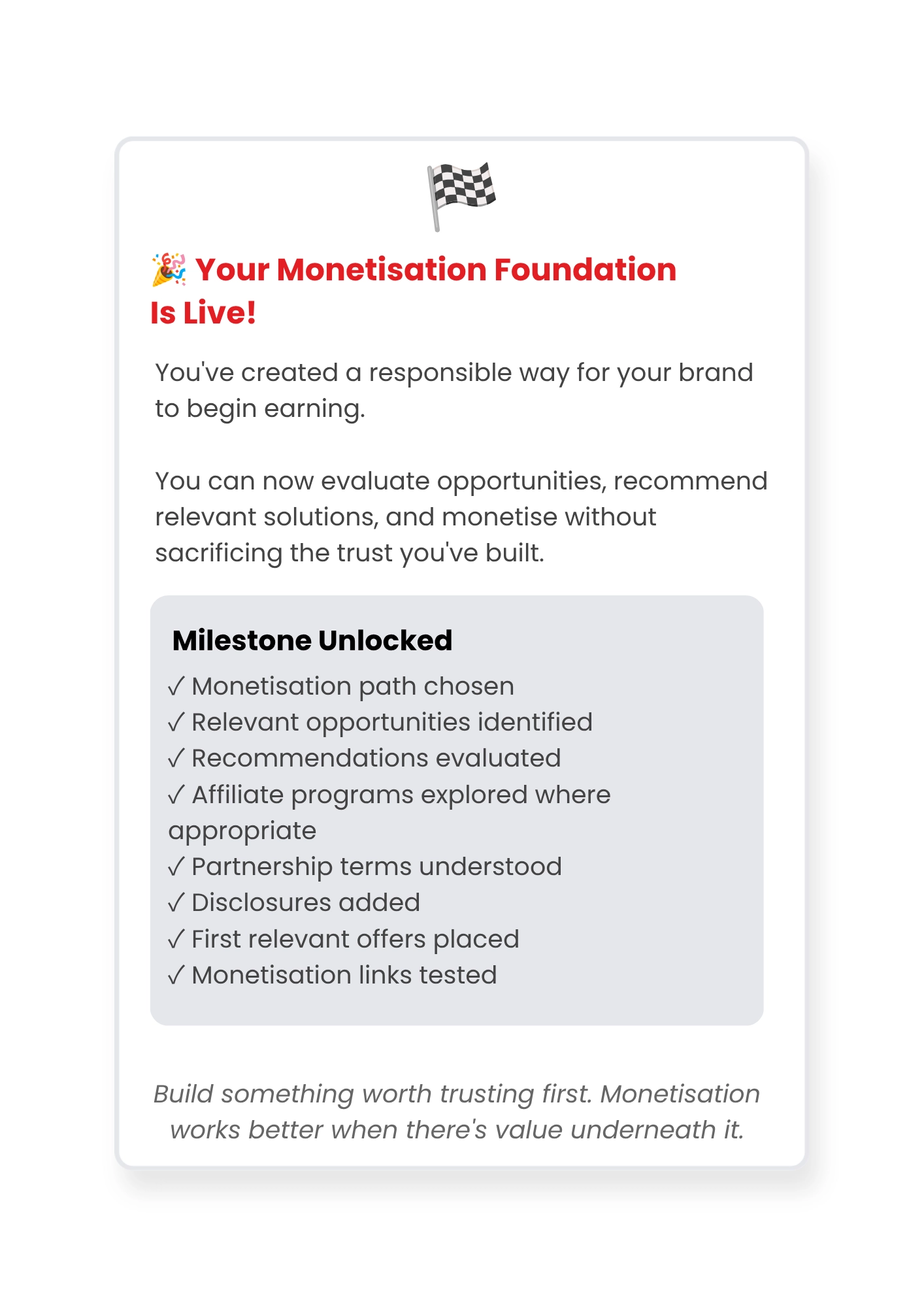 Milestone page from the Hand in Hand brand building workbook