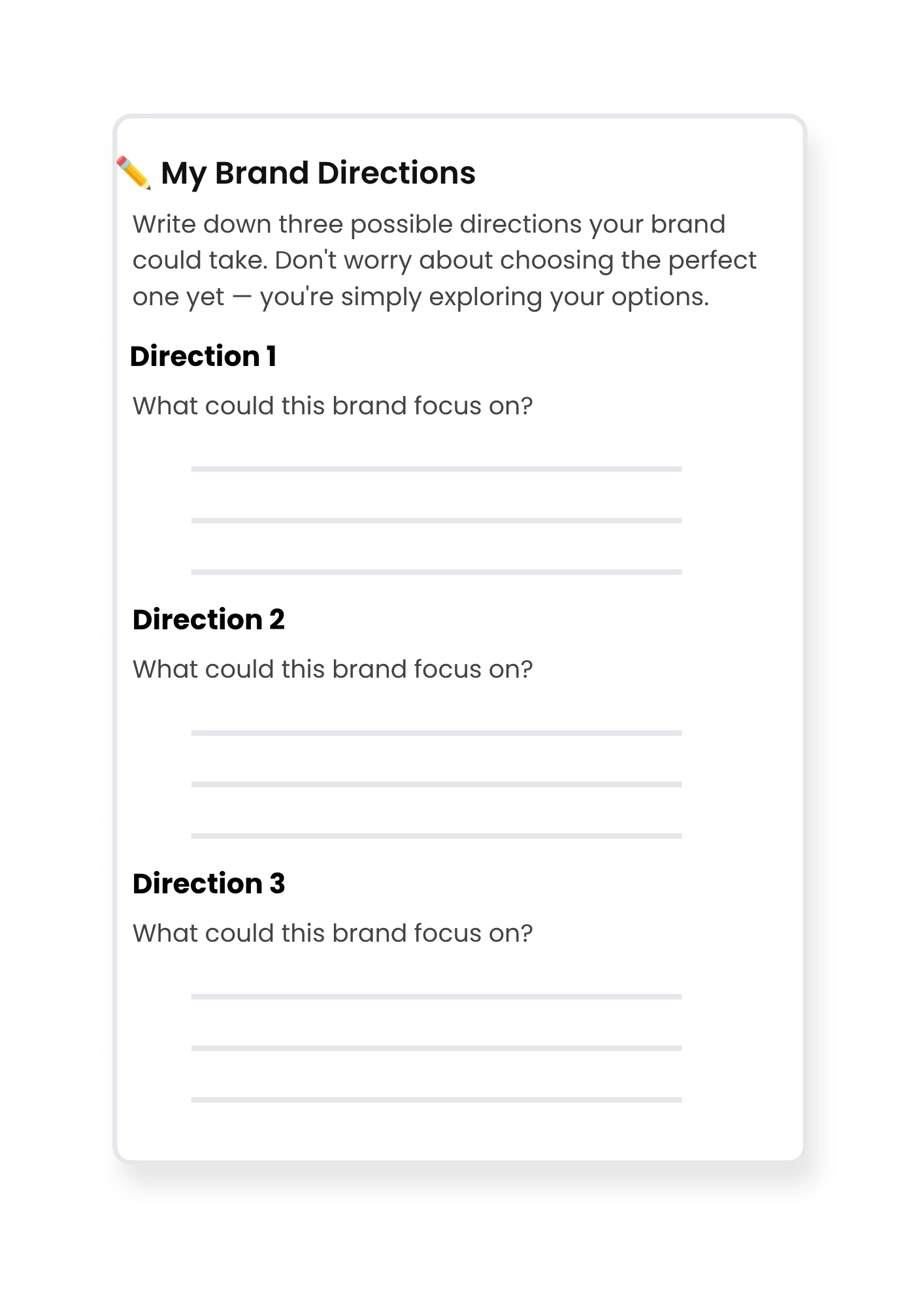 My Brand Direction worksheet from the Hand in Hand brand building workbook