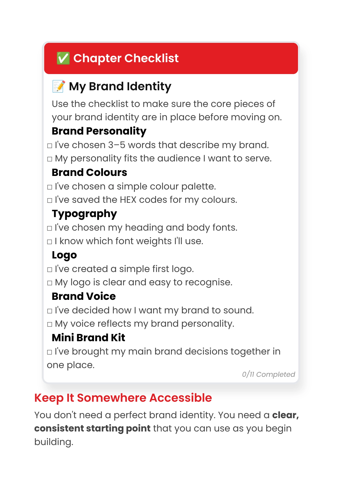 My Brand Identity worksheet from the Hand in Hand brand building workbook