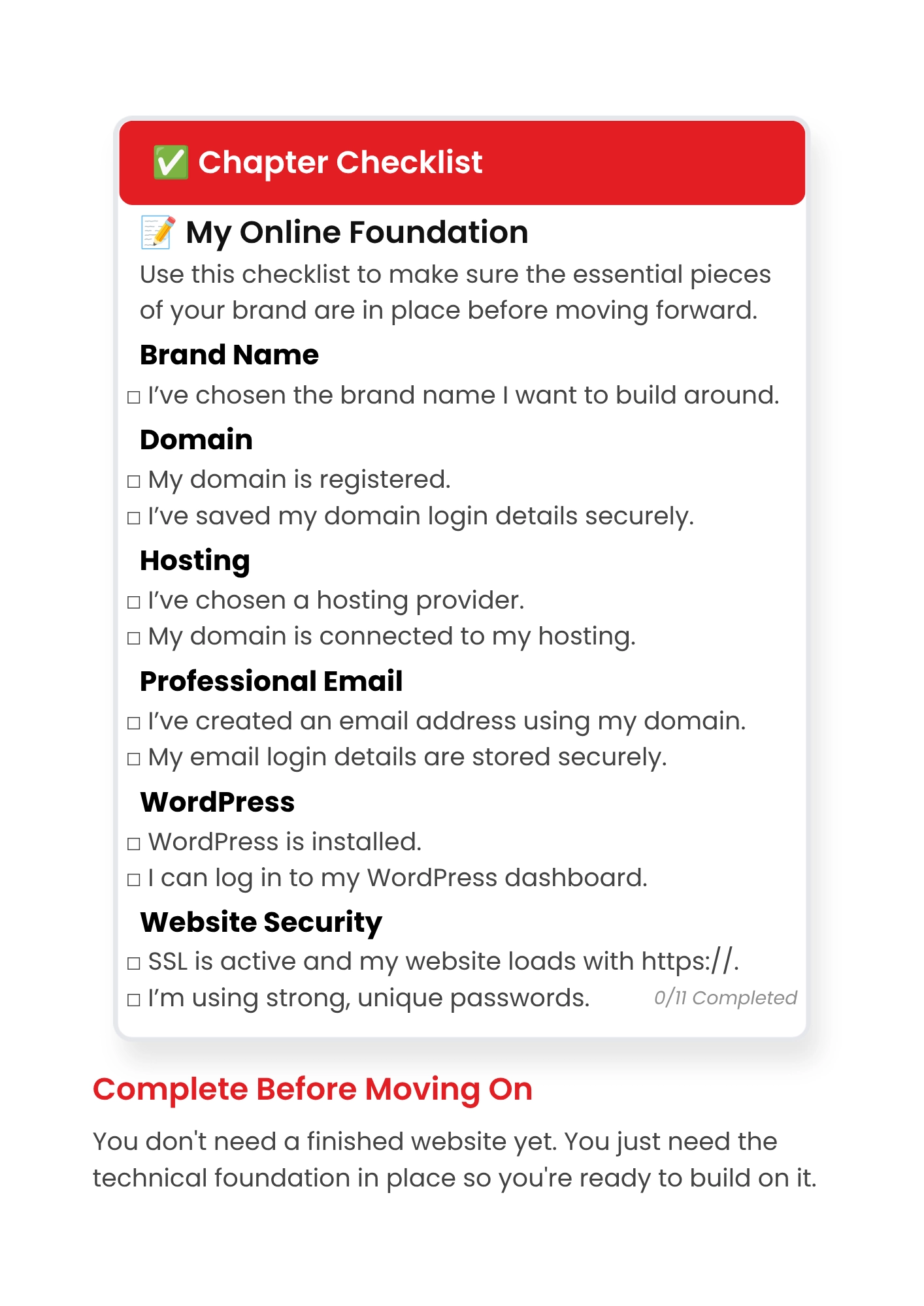 My Online Foundation worksheet from the Hand in Hand brand building workbook