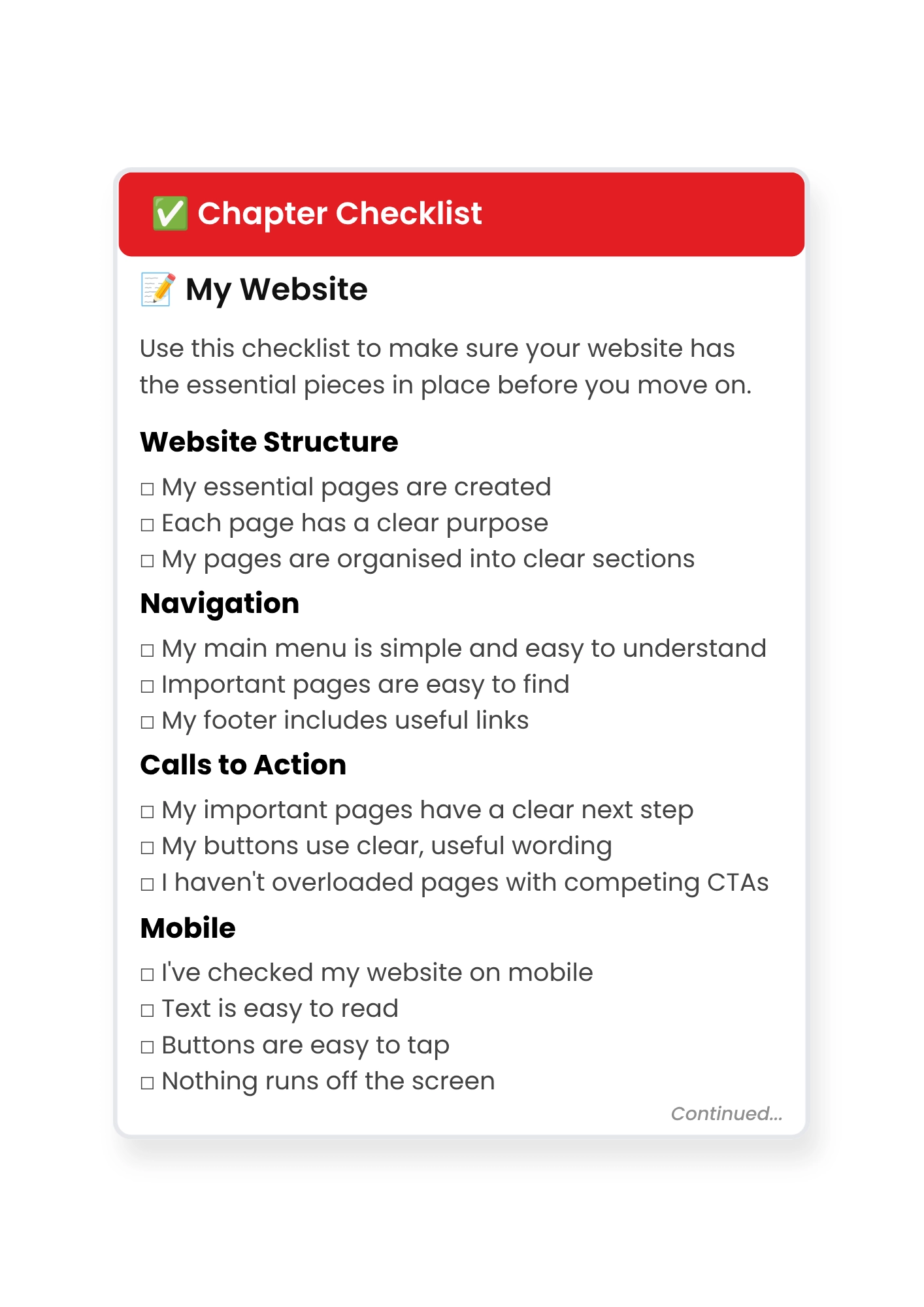 My Website worksheet from the Hand in Hand brand building workbook