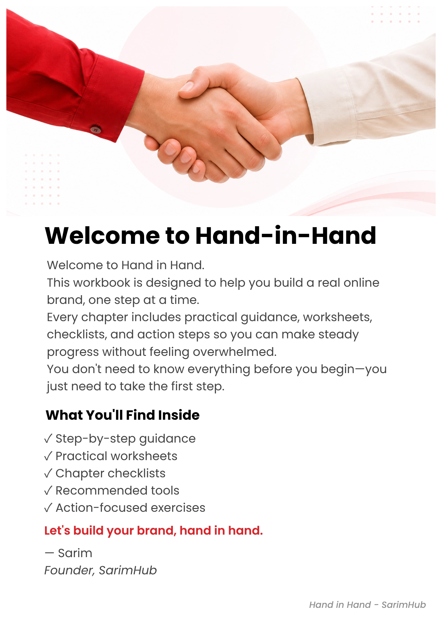 Hand in Hand – Let’s Build Your Brand workbook welcome page